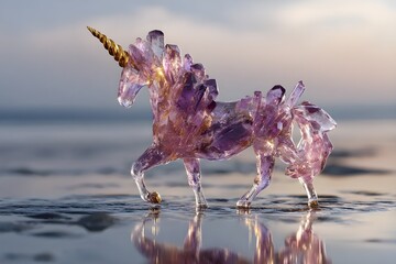 Photo-realistic unicorn made of transparent glowing amethyst crystal, golden horn, standing in a...