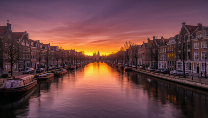 Fototapeta premium Canal View at Sunset with Charming Dutch Architecture