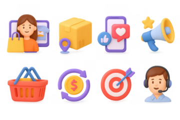 3d colorful user interface icons for shopping and communication applications