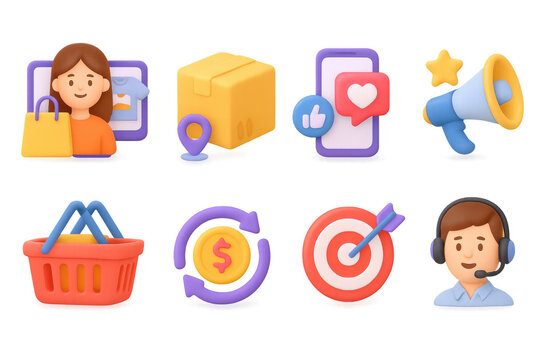 3d colorful user interface icons for shopping and communication applications