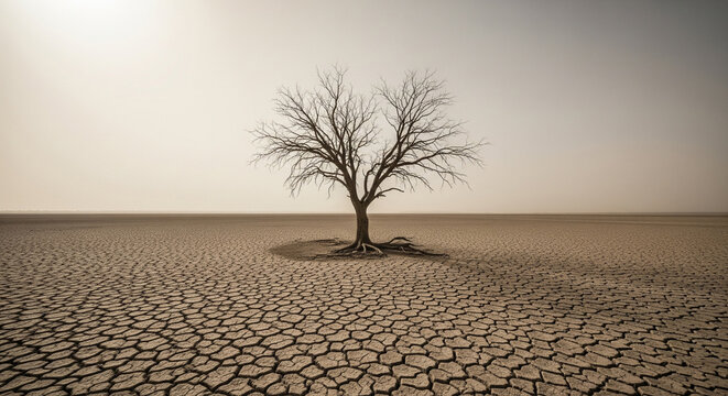 A wide-angle, cinematic shot of a vast, barren drought landscape under a pale, dusty sky