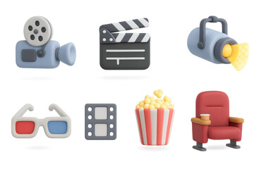Stylized 3d cinema set with movie camera, clapperboard, popcorn, and 3d glasses