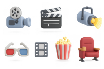 Stylized 3d cinema set with movie camera, clapperboard, popcorn, and 3d glasses