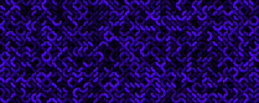 Seamless abstract geometric purple pattern, modern dark arcs, circles, tileable repeat. Use for wallpaper, packaging, fabric, web banners, app UI, covers, branding backdrops. Vector illustration