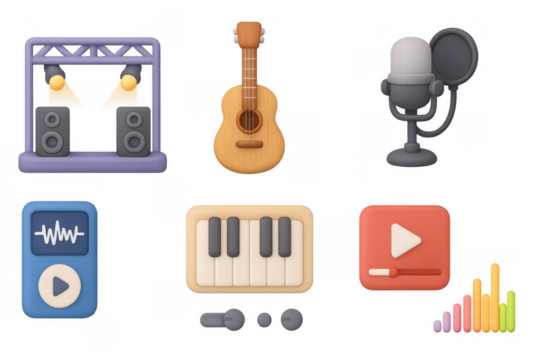 Colorful 3d music icons set featuring instruments and audio equipment