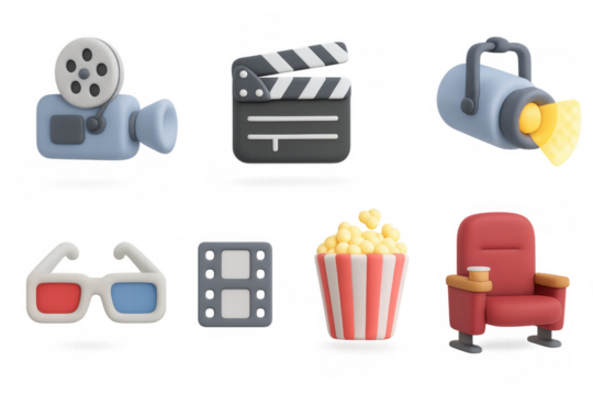 Stylized 3d cinema set with movie camera, clapperboard, popcorn, and 3d glasses