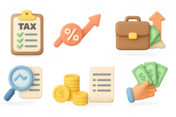 3d financial icons: taxes, growth, investment, and savings concepts