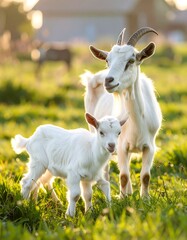 Obraz premium Mother goat and kid in a field