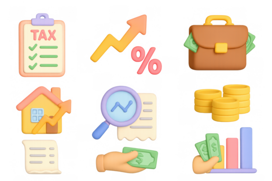 Colorful 3d finance icons with graphs, money, and analysis elements