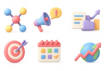 3d business and marketing icons set with chart, megaphone, and calendar