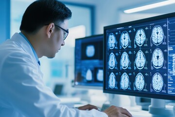 Neurotrauma specialist analyzes brain scans in a modern medical facility
