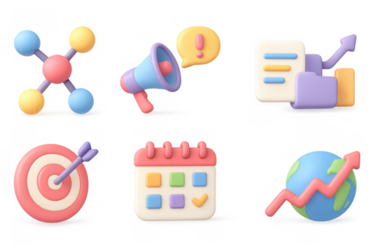 3d business and marketing icons set with chart, megaphone, and calendar