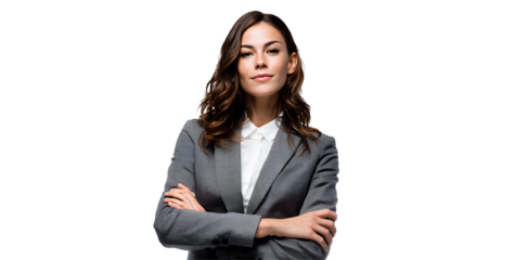  portrait of a beautiful woman in a business suit, standing with her arms crossed, isolated on a transparent background. 
