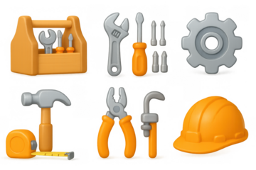 Colorful 3d construction tools and gear set on transparent background