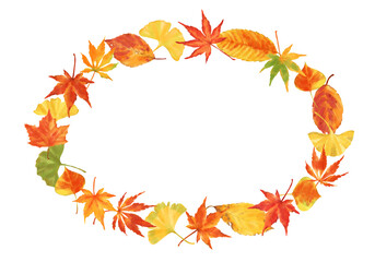 色とりどりに紅葉した落ち葉の楕円形フレーム　手描き水彩タッチのイラスト