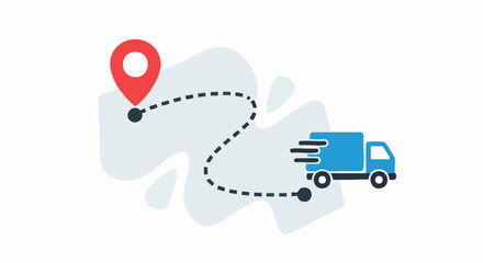 Delivery route illustration shows blue truck on dotted line toward location pin. Delivery route concept depicts logistics planning for speedy service and on-time performance.