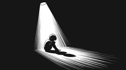 Lonely child sits in darkness, a single ray of hope shines down, isolated and vulnerable illustration