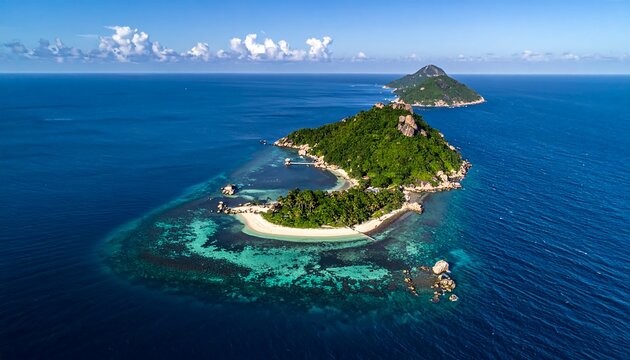 Panoramic view of tropical islands, showcasing lush vegetation, turquoise waters, and a pristine beach. - Powered by Adobe