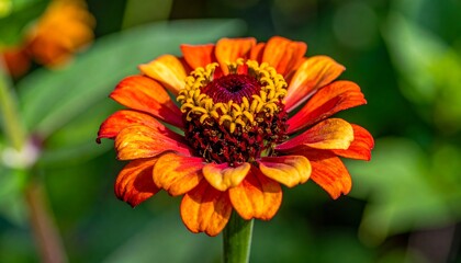 Close-up of vibrant orange-red zinnia