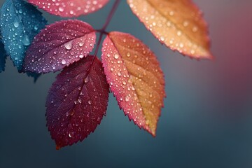 colorful leaves with water droplets in the morning, macro photography