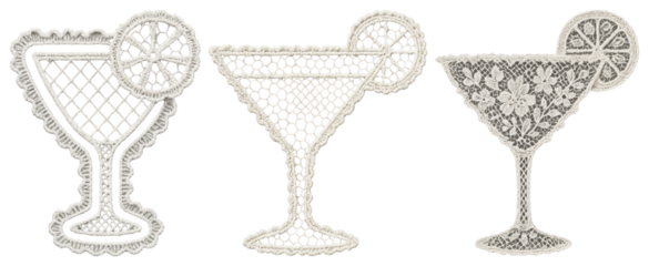 PNG Intricate lace cocktail glass designs, element set on transparent background