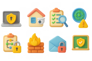 Secure technology and home safety icons in 3d cartoon style