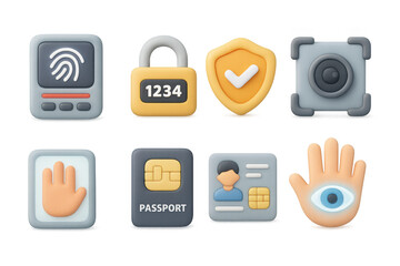 3d security icons: fingerprint, lock, shield, camera, passport, identity card, hand