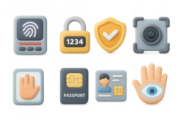 3d security icons: fingerprint, lock, shield, camera, passport, identity card, hand