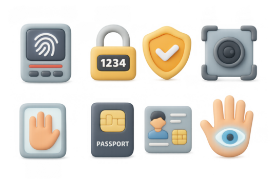 3d security icons: fingerprint, lock, shield, camera, passport, identity card, hand