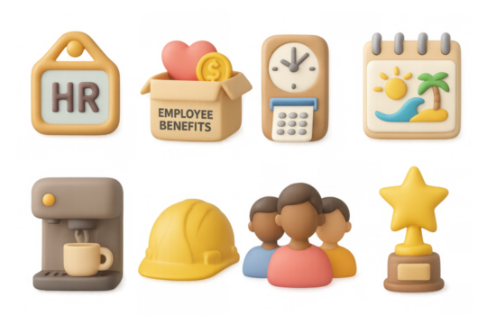 3d icons of human resources, employee benefits, and workplace objects - Powered by Adobe