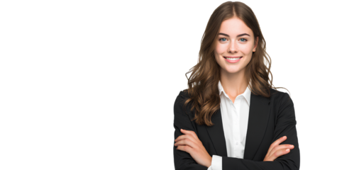 portrait of a smiling business woman in a suit, standing with her arms crossed, isolated on a transparent png  