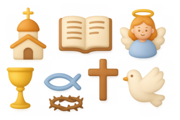 3d christian symbols set: church, bible, angel, chalice, dove, fish, cross, crown of thorns