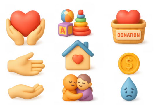 3d icons set: charity, donation, and community support symbols