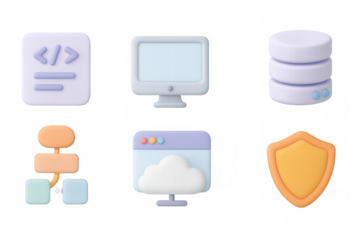 Technology icons set featuring cloud computing, programming, and cybersecurity in 3d design