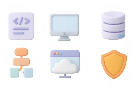 Technology icons set featuring cloud computing, programming, and cybersecurity in 3d design