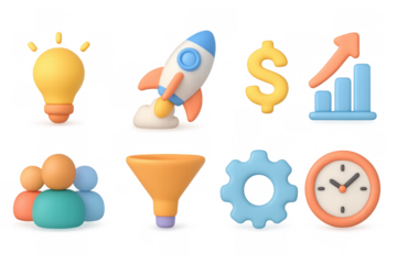 Colorful 3d business icons including rocket, growth chart, and light bulb