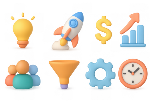 Colorful 3d business icons including rocket, growth chart, and light bulb