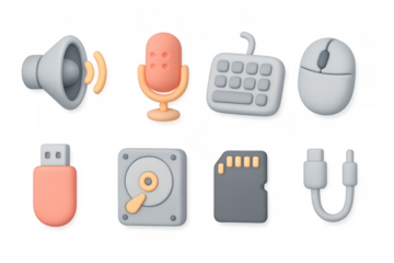 3d colorful tech gadgets collection: icons of microphone, keyboard, and more