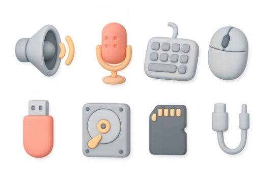 3d colorful tech gadgets collection: icons of microphone, keyboard, and more