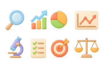 Colorful 3d business icons set: analytics, target, balance, checklist, microscope