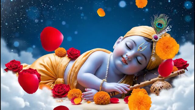 Divine baby krishna sleeping on heavenly clouds with roses peaceful janmashtami concept in royal attire animated animation motion graphic video
