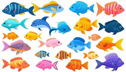 Fototapeta premium Flat tropical fish. Anemone fish, aquarium sea pet. Cartoon isolated underwater wild