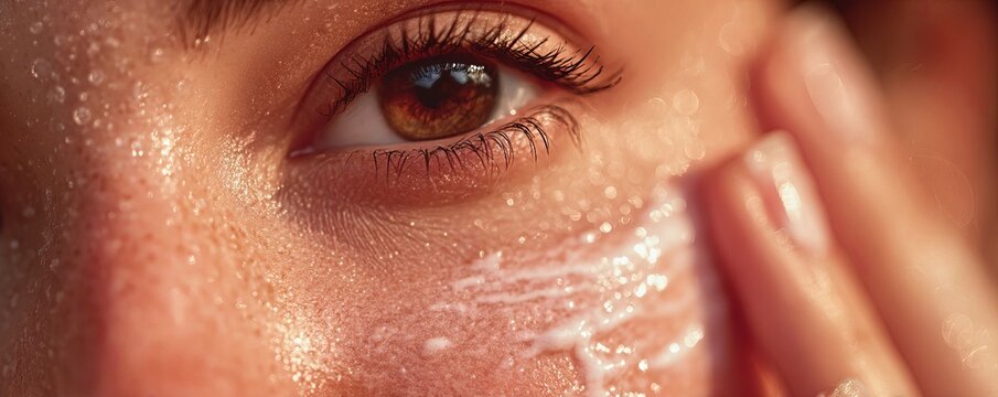 Woman applying white sun cream on her wet face and skin. Skincare routine and sun protection against harmful UV rays. Healthy glow and beauty concept.