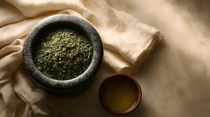 Closeup marble mortar filled with freshly ground Ayurvedic herbs beside muslin cloth and clay bowl of oil