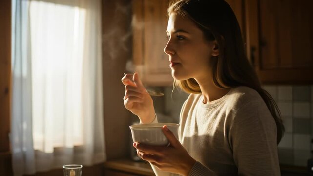 Woman eating breakfast in a bright kitchen - Powered by Adobe