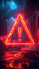 Neon warning sign in a ruined alleyway