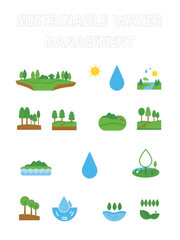 Sustainable Water Management Icons. Solid, filled icons set of sustainable water management: watershed map,
