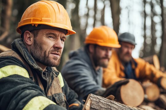 Team of diverse loggers working together in a forest during tree harvesting season