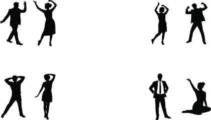 Fototapeta premium Silhouette people dancing and posing isolated on white background with retro style human figures in various body movements and expressive gestures 