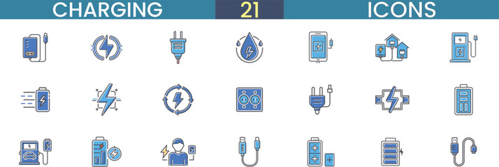 Collection of 21 charging icons representing power battery and electricity concepts vector